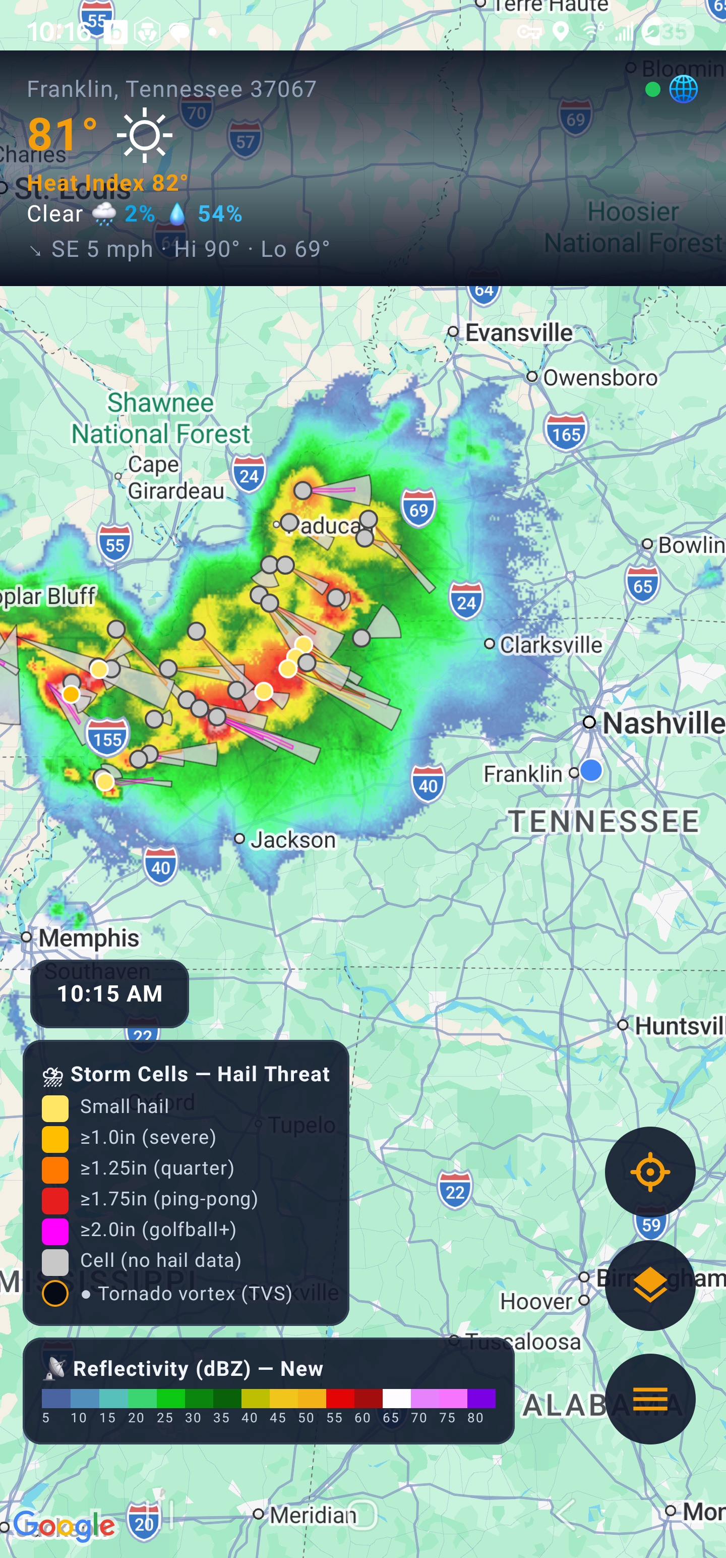 Storm cells with the weather banner over Tennessee