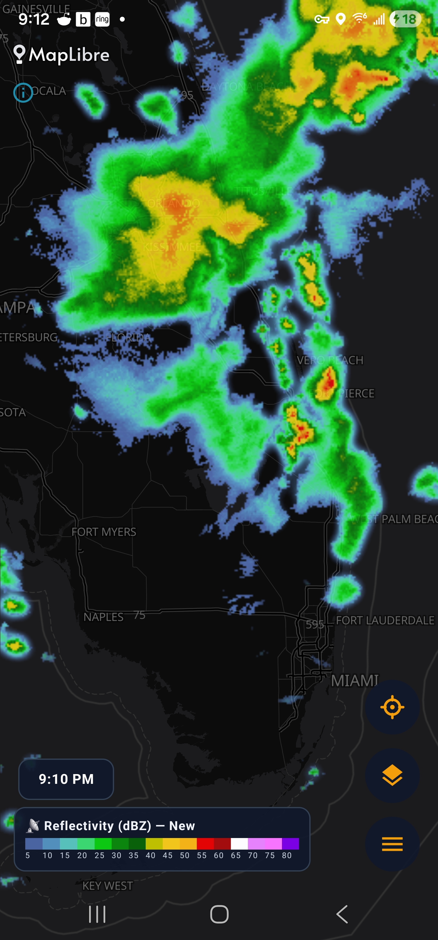 Dark map style with radar over Florida