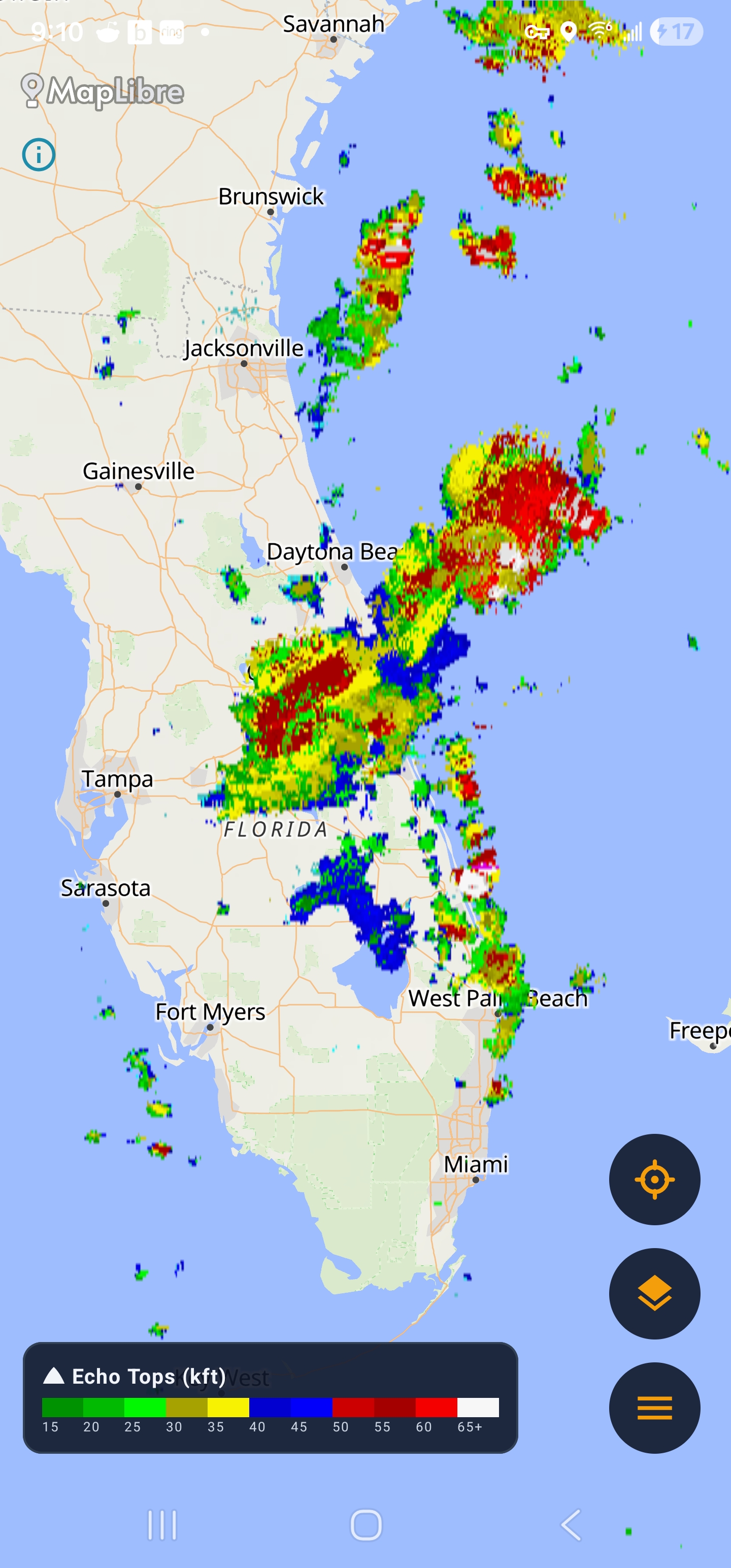 Echo tops radar layer in thousands of feet over Florida