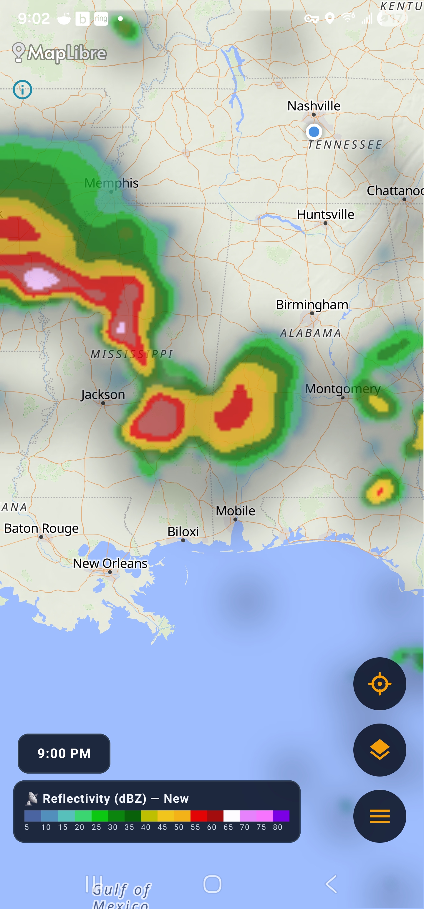 Radar reflectivity over the Mid-South on a MapLibre base