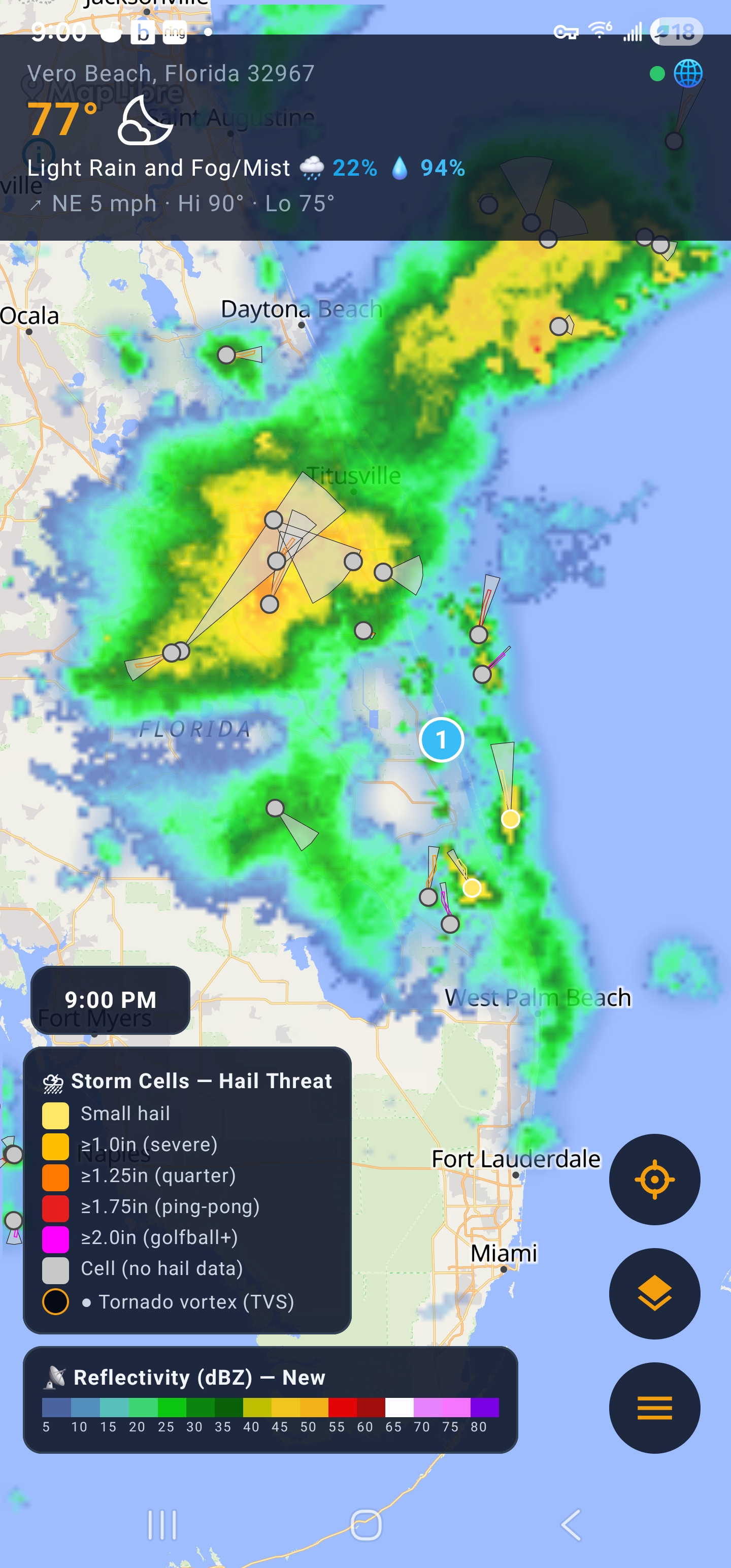 Storm cells with the live conditions panel over Florida