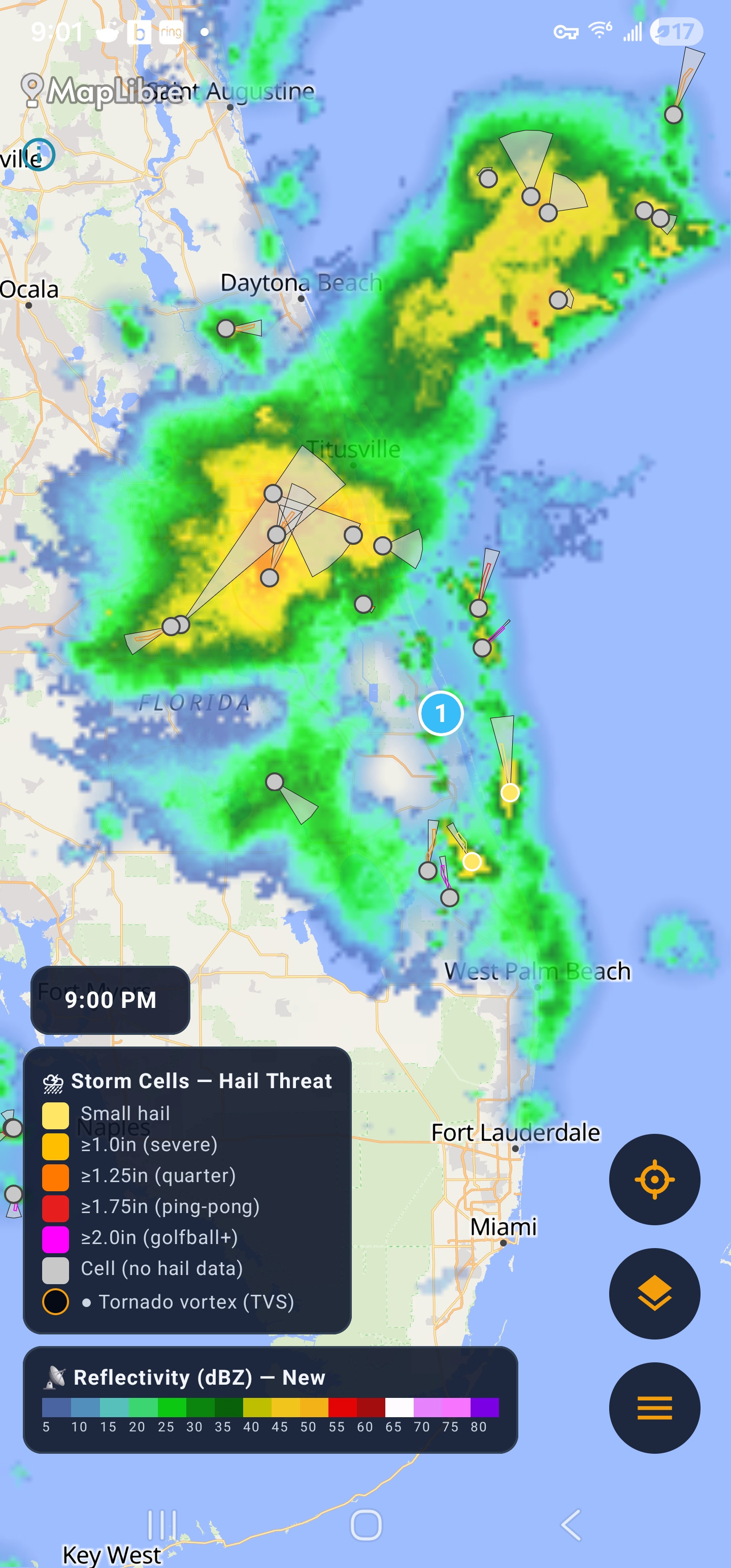 Storm cells with hail threat and tornado vortex markers over Florida