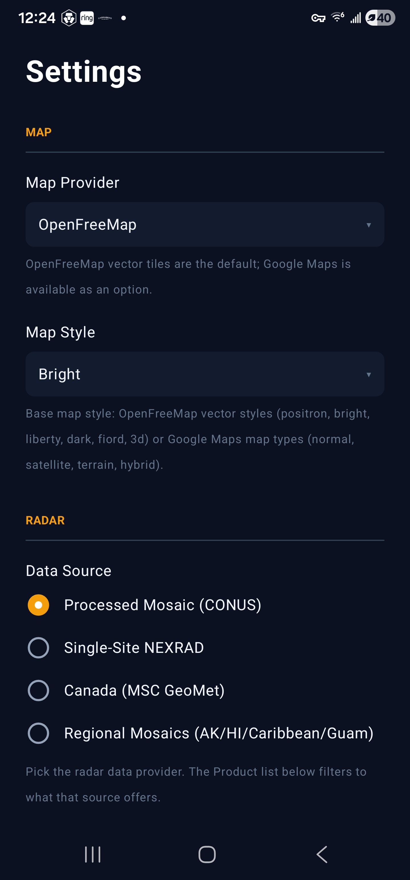 Isobaric settings — map provider, map style and radar data source