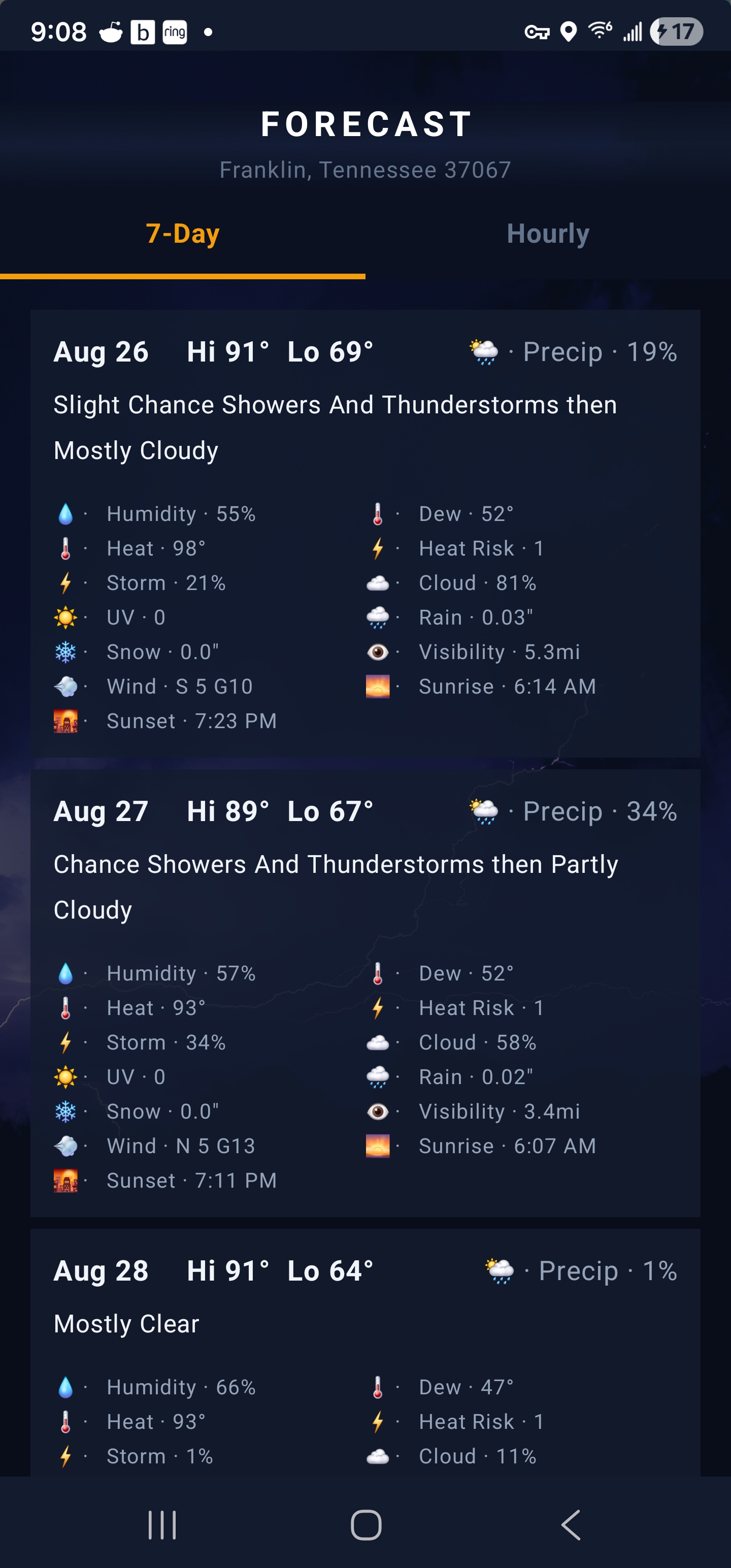 7-day and hourly forecast screen